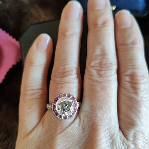Doveggs brand size 5 Moissanite and pink lab sapphire bezel set ring Sterling
